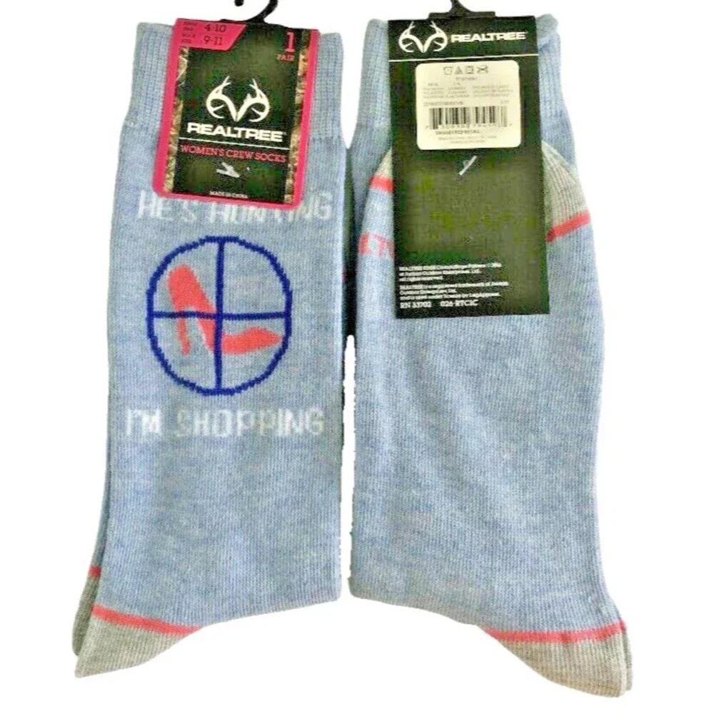 Realtree Womens Ladies Crew Socks Hes Hunting Im Shopping Blue Size 9-11